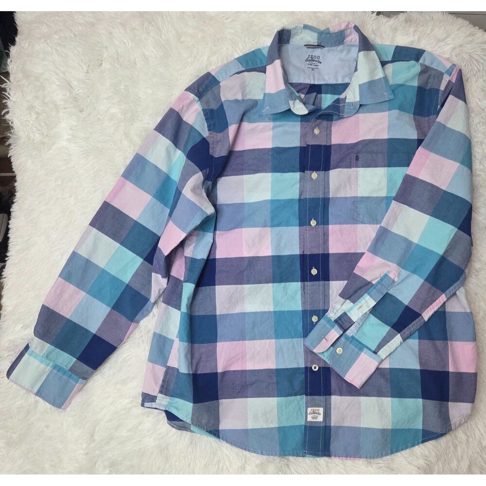 Izod Saltwater Button Down Shirt Womens XL Blue Pink Plaid Relaxed Fit Casual